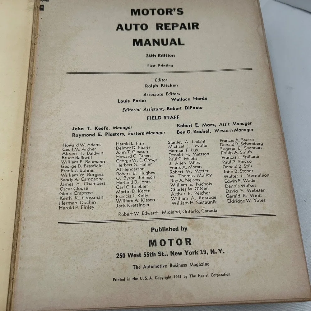 1961 MOTOR'S‎ Auto Repair Manual 24th Edition Vintage Car Automotive Guide